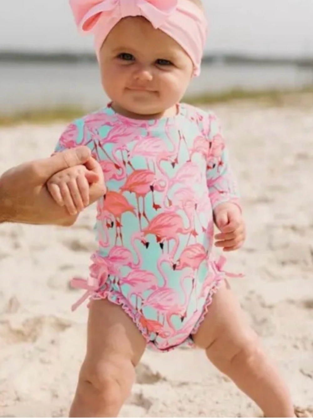 Ruffle Butts Mint & Pink Flamingo One-Piece with Bow Headwrap